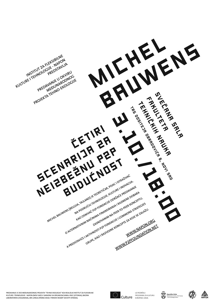 „Predavanje Michel Bauwens: Četiri scenarija za neizbežnu P2P budućnost“.